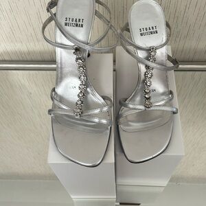 Stuart Weitzman Silver Heeled Sandals with Crystal Embellishments